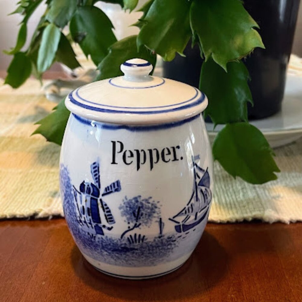 Vintage Blue & White Windmill Design Ceramic Pepper Jar / Lid Made in Germany